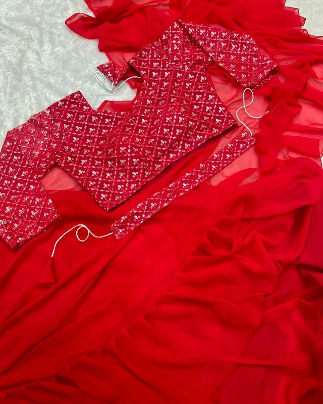 NEW DESIGNER PARTY WEAR LAHENGA SAREE WITH STICH BLOUSE WITH EMBROIDERY WORK - Free Size, Guardsman Red
