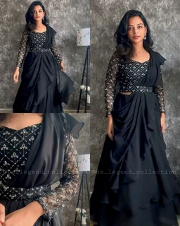 NEW DESIGNER PARTY WEAR LAHENGA SAREE WITH STICH BLOUSE WITH EMBROIDERY WORK - Free Size, Sky Blue