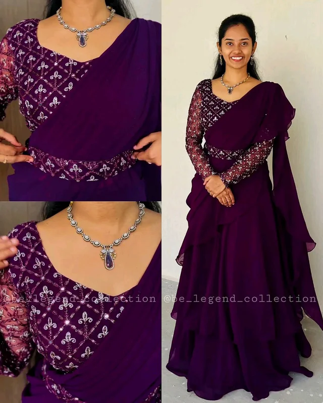 NEW DESIGNER PARTY WEAR LAHENGA SAREE WITH STICH BLOUSE WITH EMBROIDERY WORK - Free Size, Sky Blue