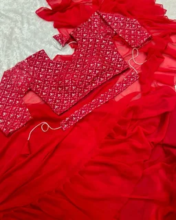 NEW DESIGNER PARTY WEAR LAHENGA SAREE WITH STICH BLOUSE WITH EMBROIDERY WORK - Free Size, Sky Blue