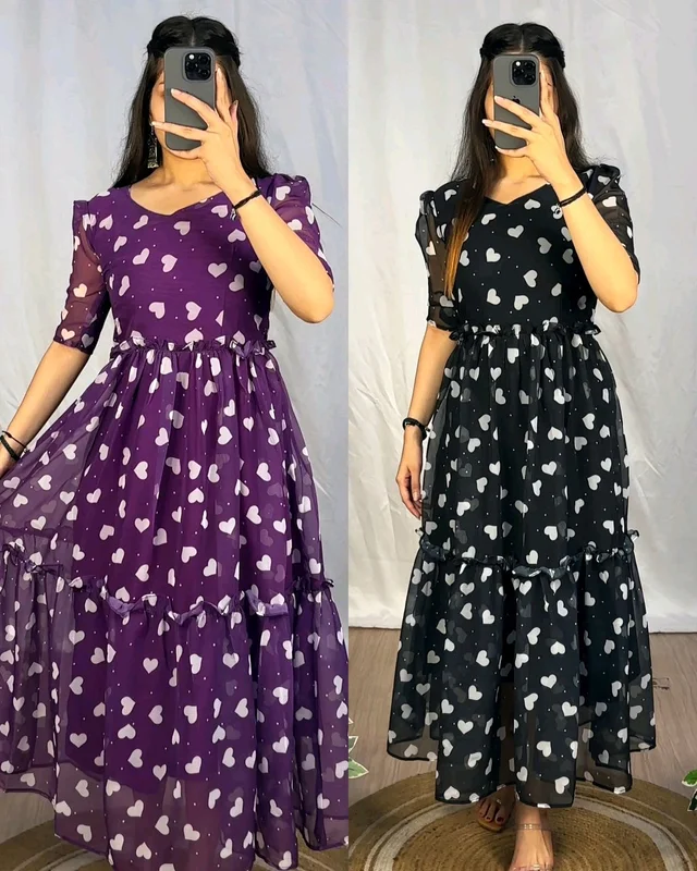 New Heart Style Maxi Gown With Printed Work - Purple, XL