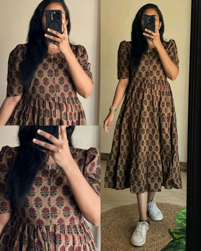Beautiful Flower print Cotton Full Flair Middy Gown - Morocco Brown, M