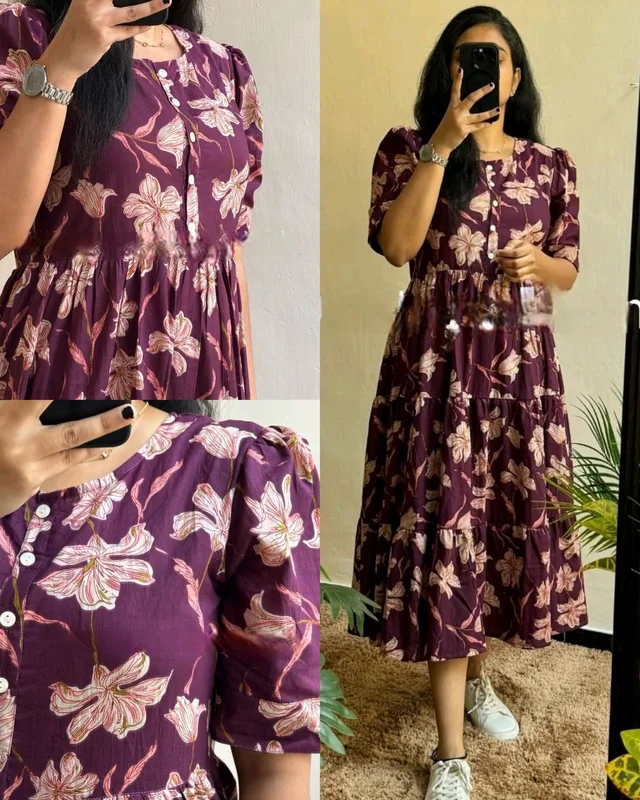 Beautiful Flower print Cotton Full Flair Middy Gown - Wine, XL