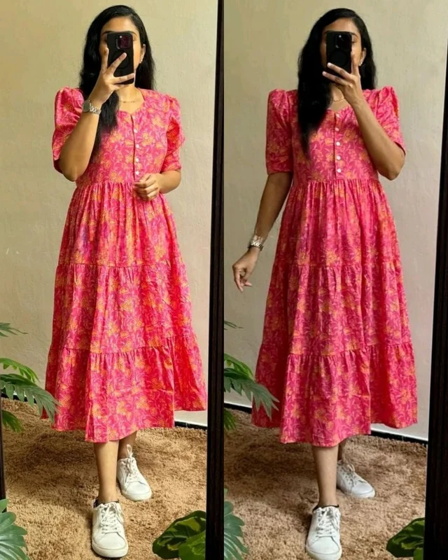 Beautiful Flower print Cotton Full Flair Middy Gown - Peach, L