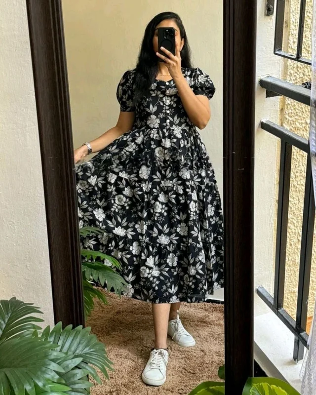 Beautiful Flower print Cotton Full Flair Middy Gown - Black, L