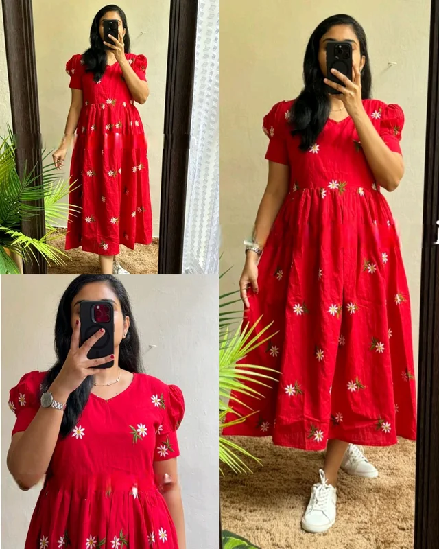 Beautiful Flower print Cotton Full Flair Middy Gown - Red, XL