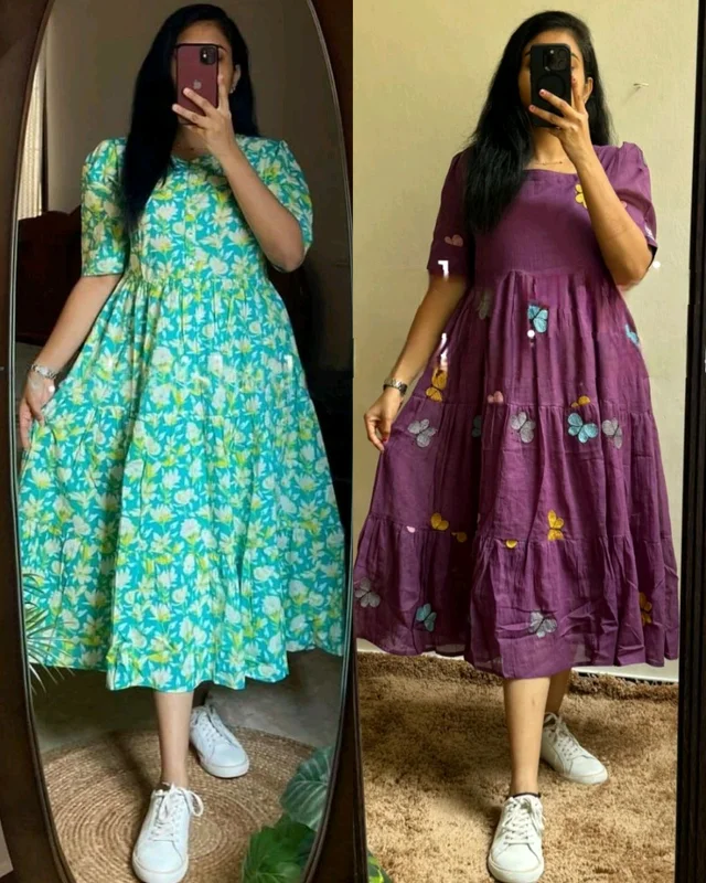 Beautiful Flower print Cotton Full Flair Middy Gown - Purple, 3XL