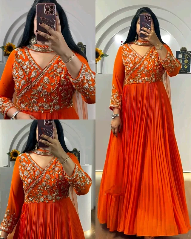 Trendy Embroidered Sequence Work Long Gown Sequence Work - 2XL