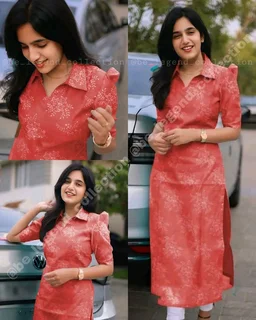Trendy Collar Printed chanderi Cotton Kurti - Aque Blue, S