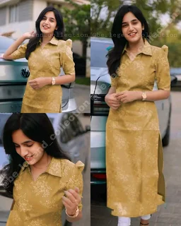 Trendy Collar Printed chanderi Cotton Kurti - Aque Blue, S