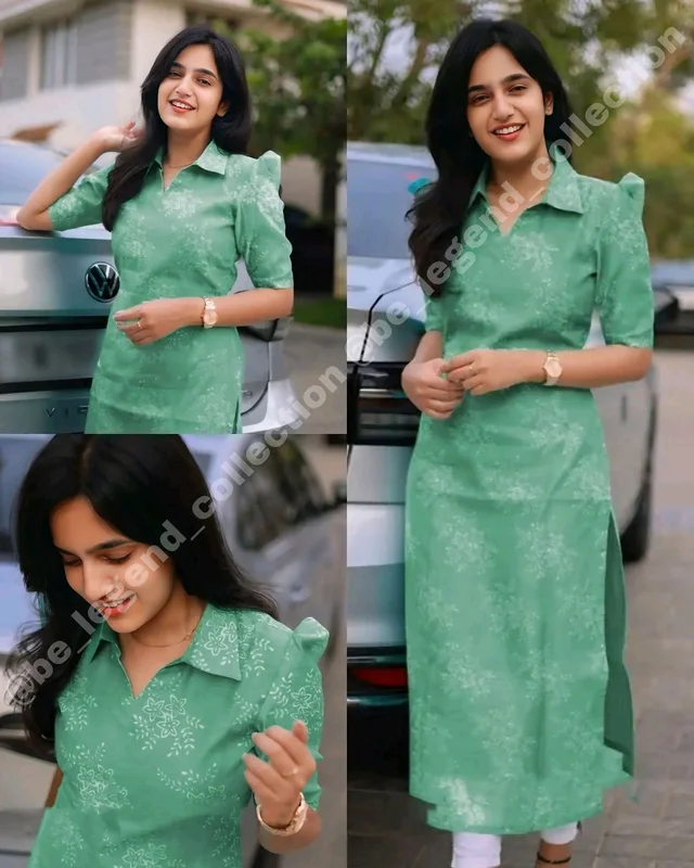 Trendy Collar Printed chanderi Cotton Kurti - Aque Blue, S