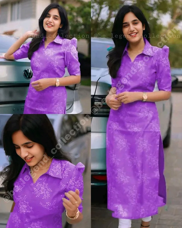Trendy Collar Printed chanderi Cotton Kurti - Aque Blue, S