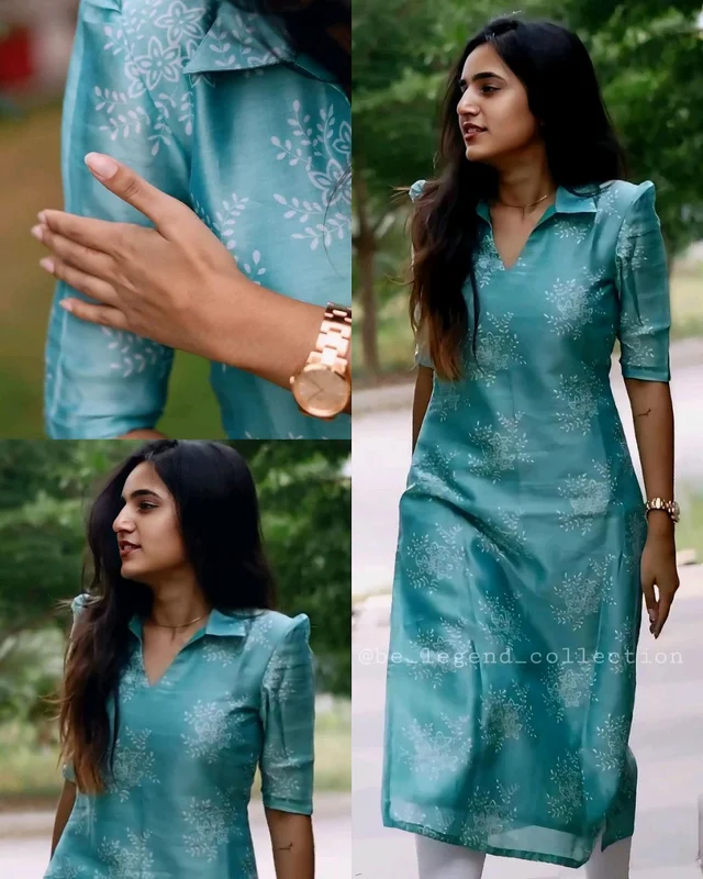 Trendy Collar Printed chanderi Cotton Kurti - Aque Blue, M