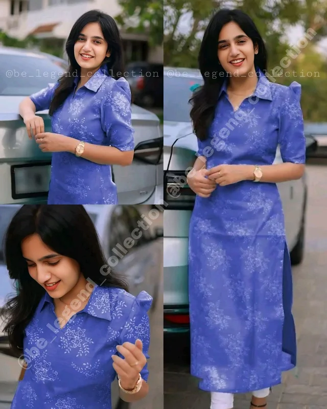 Trendy Collar Printed chanderi Cotton Kurti - Blue, M