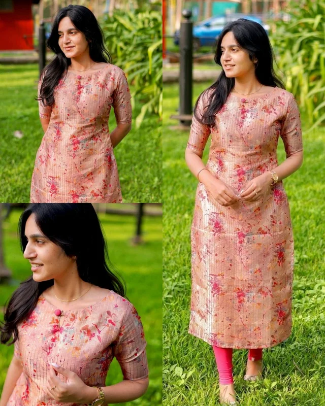 READY TO WEAR CHANDERI COTTON DIGITAL PRINTED KURTI FOR DAILY AND OFFICE COMFORTABLE WEAR - Peach, M