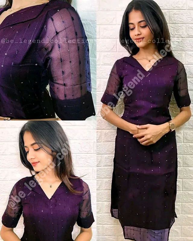 Women embroidered Straight collar organza kurti - L