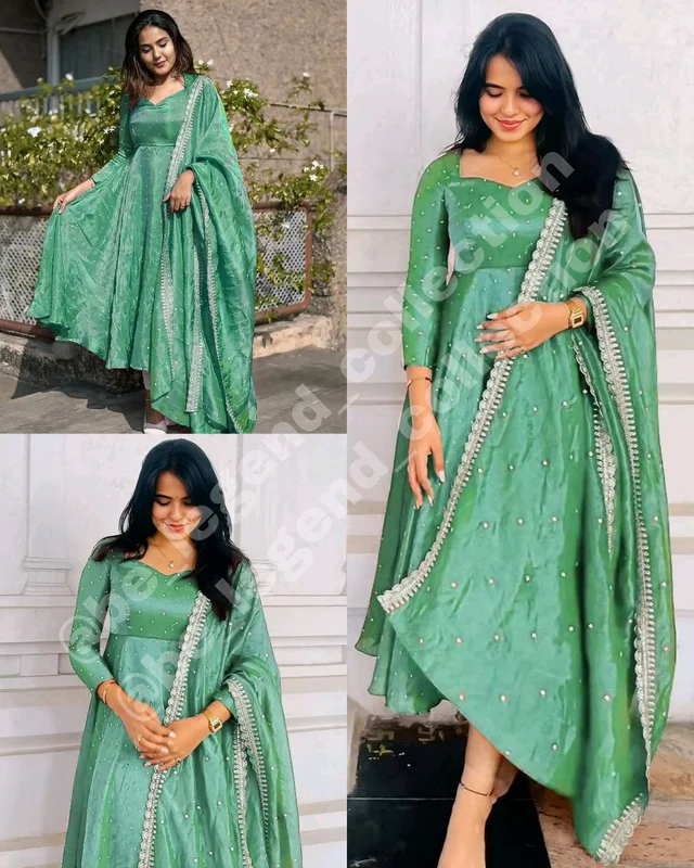 Launching New Party Wear Look Pur Twil Gold Net Anarkali Gown,Dupatta & Plazzo Set - XL, Copper Green