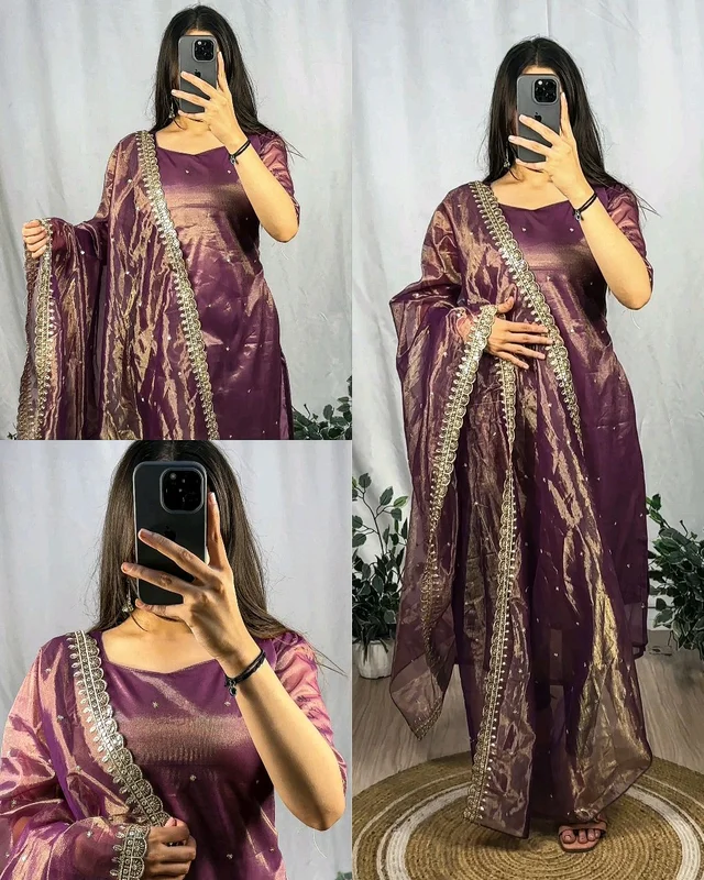BANARASI TISSU TWO TONE WITH EMBROIDERY WITH 3mm SEQUENCE THREAD WORK 💎 - Purple, 2XL