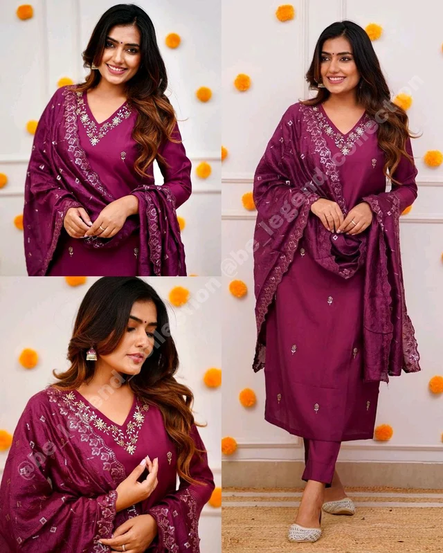 Women Embroidered Chanderi SILK KURTA SET - Purple, L
