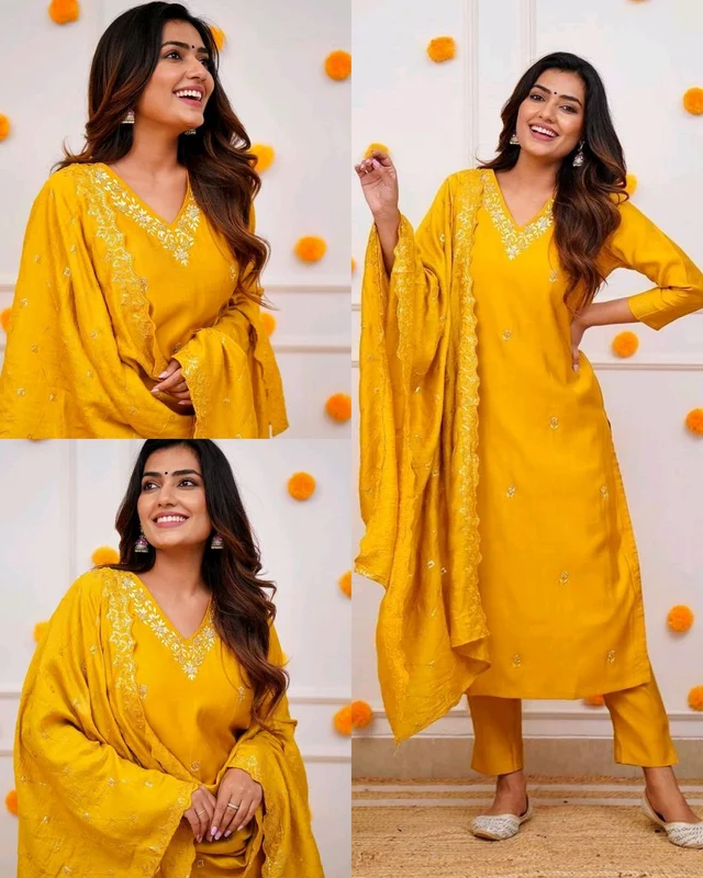 Women Embroidered Chanderi SILK KURTA SET - Yellow, S