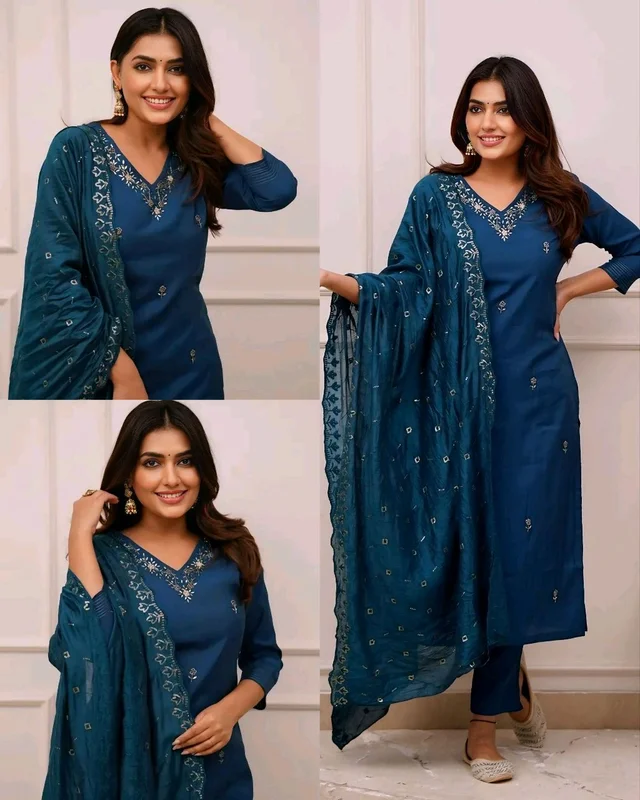 Women Embroidered Chanderi SILK KURTA SET - Blue, 2XL