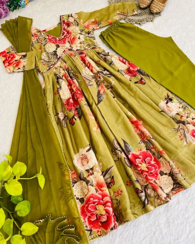 New Special Party wear Aliya cut Dresses - L, Green Smoke