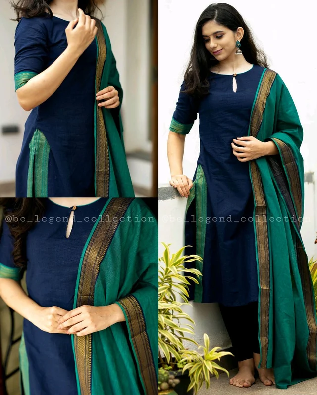 Superior And Elegant Cotton Kurta With Dupatta Set - Blue, 3XL