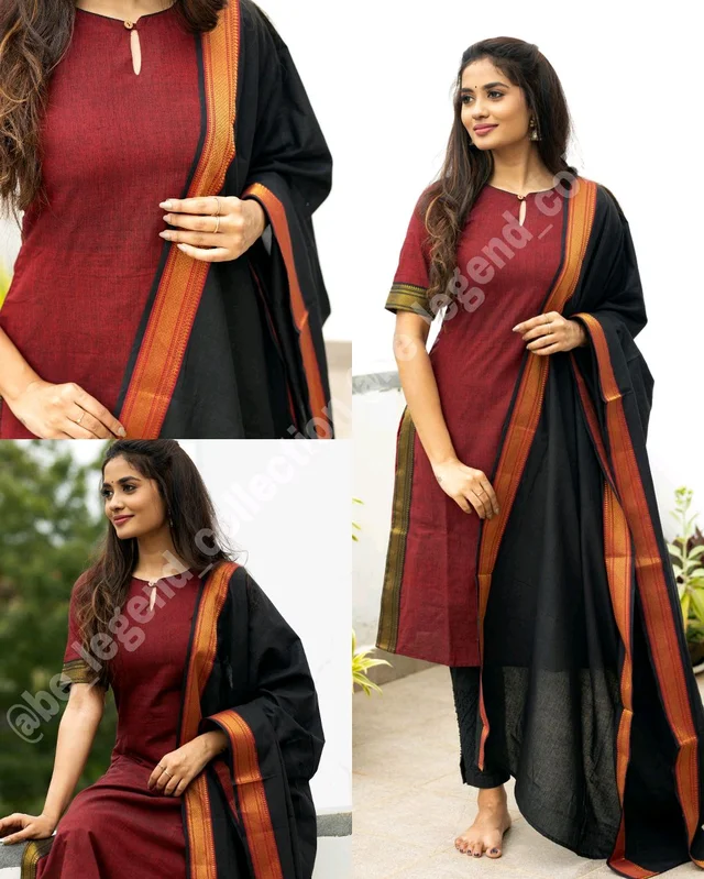 Superior And Elegant Cotton Kurta With Dupatta Set - Maroon, S