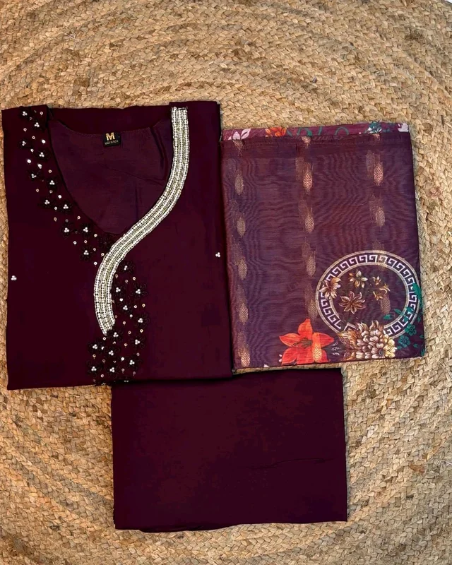 Hand work Kurtas for functions Kurti + pant + dupata - Wine, 2XL
