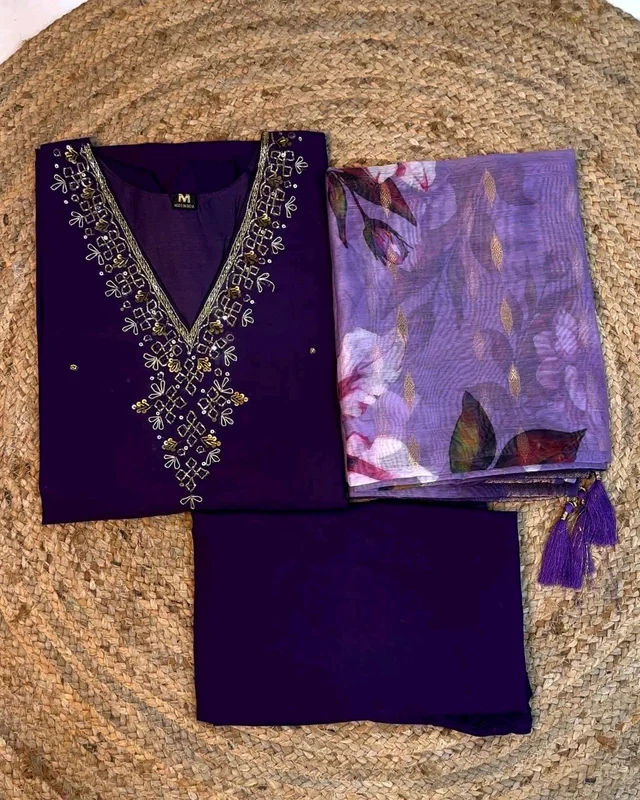 Hand work Kurtas for functions Kurti + pant + dupata - Cherry Pie, XL