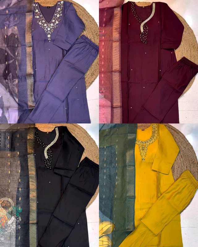 Hand work Kurtas for functions Kurti + pant + dupata - Lavender Purple, 2XL