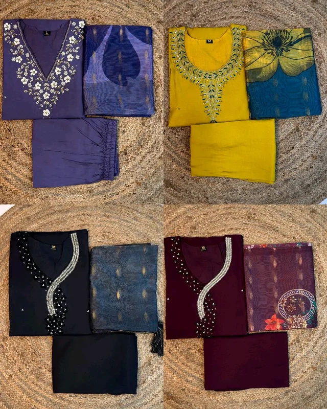 Hand work Kurtas for functions Kurti + pant + dupata - Yellow, XL