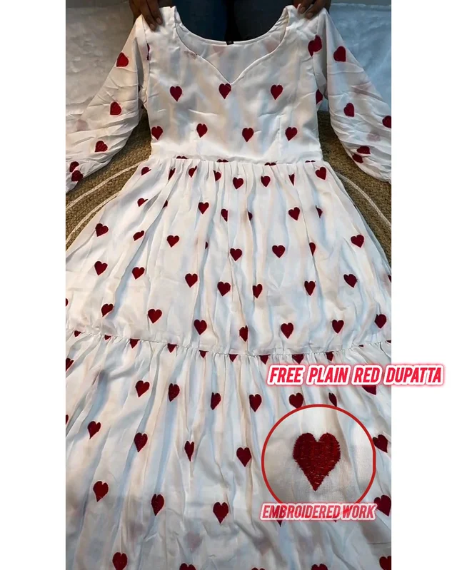 The beautiful ❤️Red Heart Embroidered Work Gown With Free Dupatta - XL