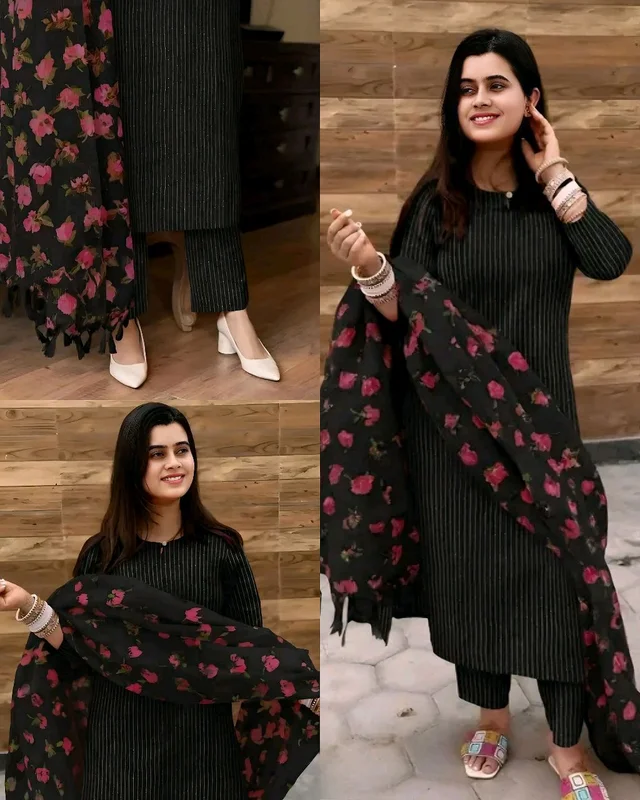 New Fabulous Full Set Kurta with Dupatta and Bottomwear - Black, L