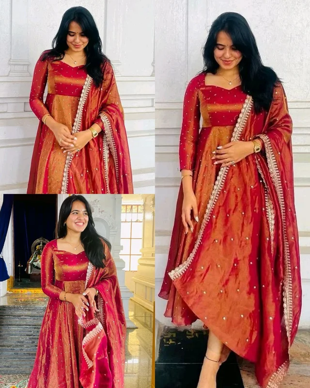 Launching New Party Wear Look Pur Twil Gold Net Anarkali Gown,Dupatta & Plazzo Set - peach, Free Size