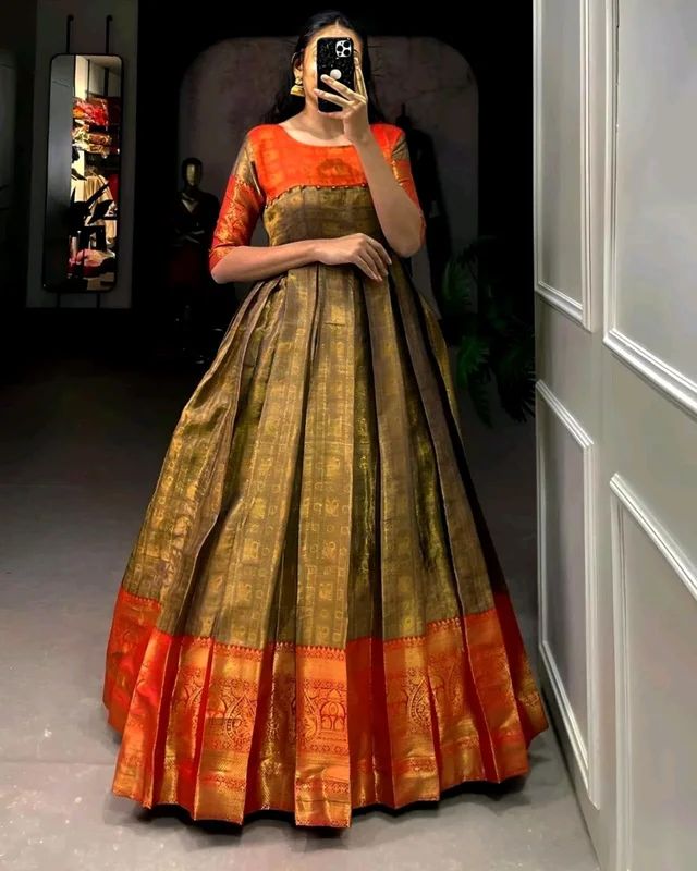 Kanjivaram Pure Silk Gown - Buddha Gold, Free Size