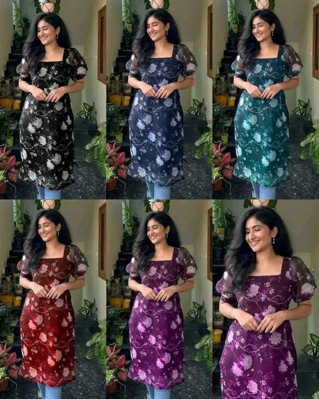 FLORAL PRINTED GEORGETTE STRAIGHT KURTIS - Navy Blue, 3XL