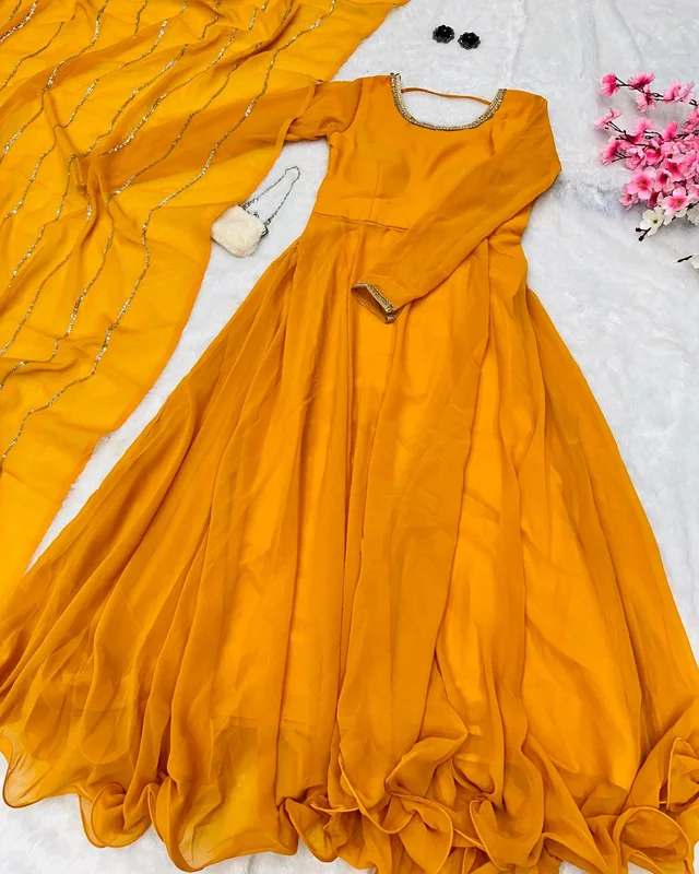 Elegance with Modern Exclusive Anarkali Design 🌸 - Yellow, L