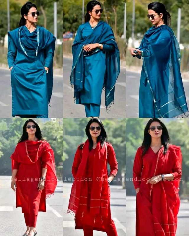 Trendy kurti and pant set With Dupatta - Fun Blue, 2XL