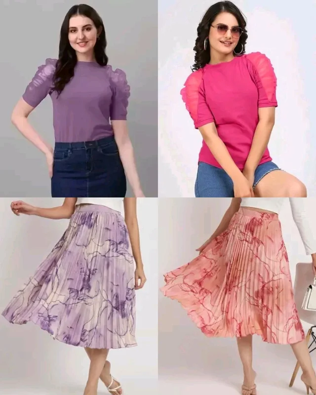 Trendy Stylish Puff Sleeves & Marble Elegance Masterpiece Skirt Combo - Purple Combo, XS