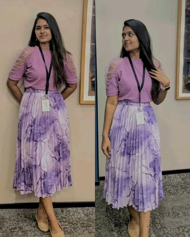 Trendy Stylish Puff Sleeves & Marble Elegance Masterpiece Skirt Combo - Purple Combo, L