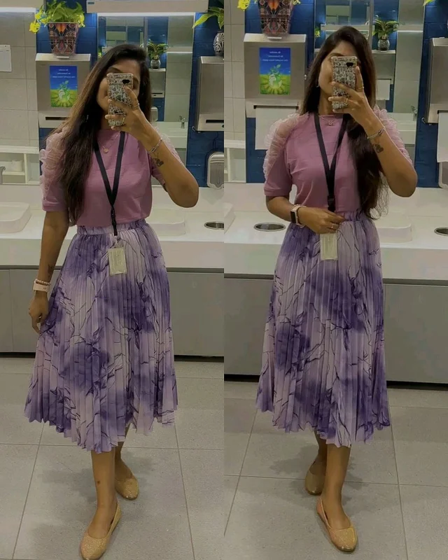 Trendy Stylish Puff Sleeves & Marble Elegance Masterpiece Skirt Combo - Purple Combo, XL