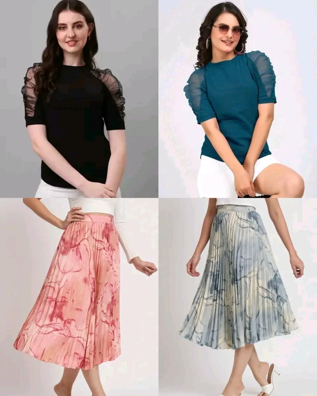 Trendy Stylish Puff Sleeves & Marble Elegance Masterpiece Skirt Combo - Black & Peach, 2XL