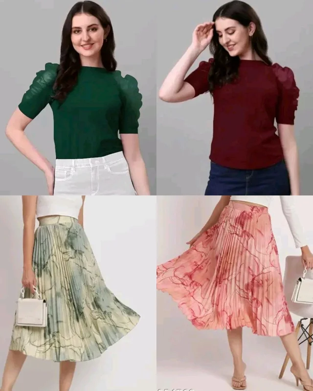 Trendy Stylish Puff Sleeves & Marble Elegance Masterpiece Skirt Combo - Green, XL