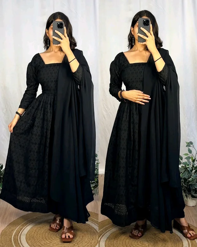 Black Hakoba, With Elegance Look Kurta With Dupatta & Pant Set - S