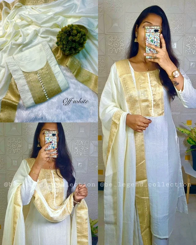 Stylish festival wear pure vichitra silk Kurti set with beautiful zari work lace yoke part and Dupatta - Half White, XL