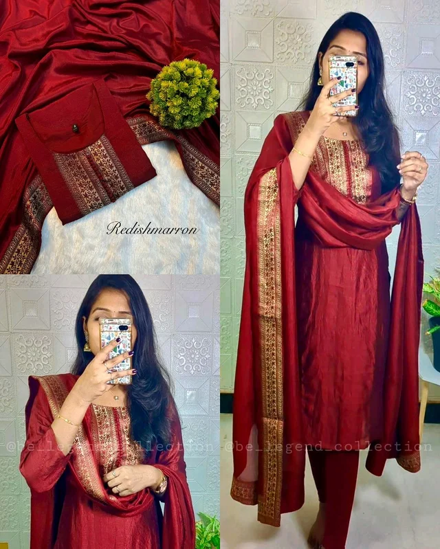 Stylish festival wear pure vichitra silk Kurti set with beautiful zari work lace yoke part and Dupatta - Guardsman Red, M