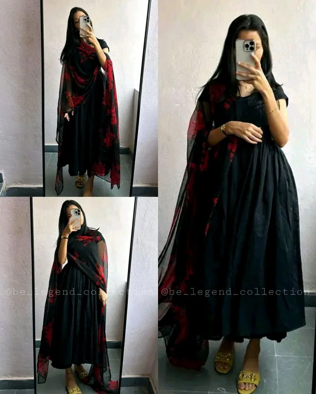 Elegant and Stylish Black Flared Kurta With Dupatta - L