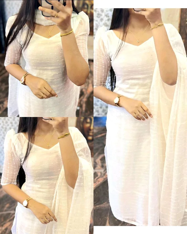 WHITE ORGANZA KURTI WITH DUPATTA - 3XL