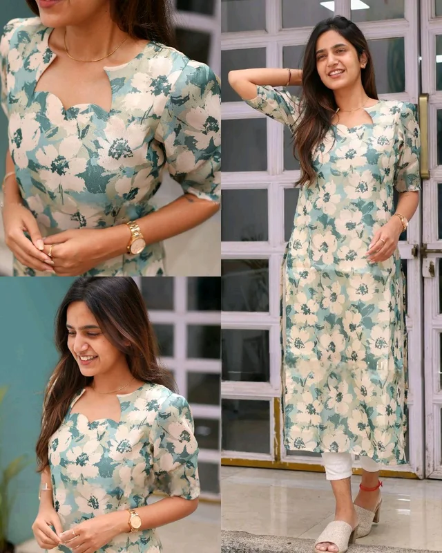 Pastel Green Tussar Kurti with Cream Blossom – Casual Wear - L